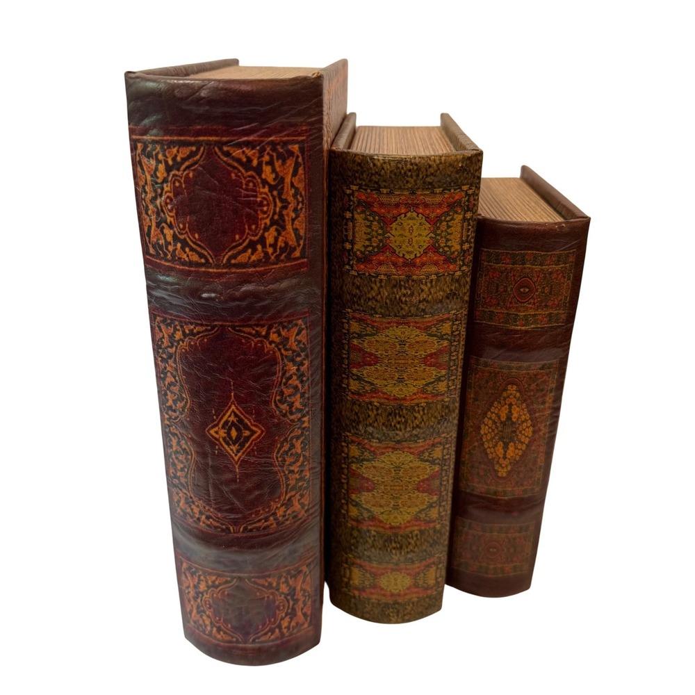 Vintage Style Faux Book Storage Box Set of 3 Nesting Tooled Leather Look Decor - Picture 5 of 12